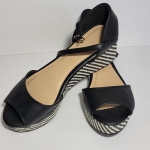 Women's black open-toe wedge sandals.